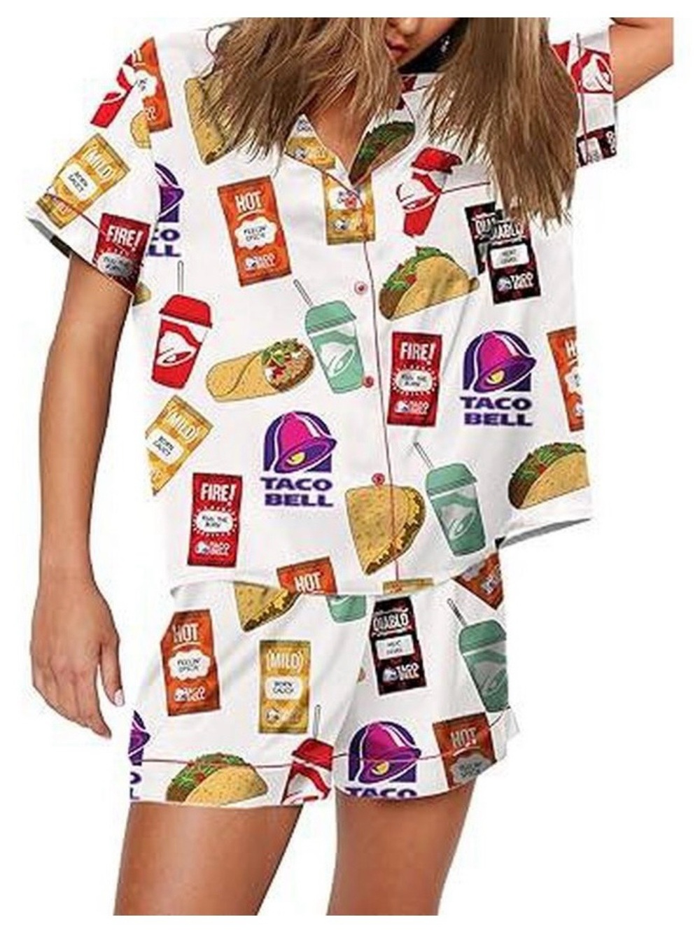 SheShow Taco Pattern White Satin Pajama Set NWT